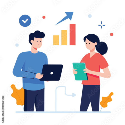 Startup co founders discussing roadmap with table isolated on white background