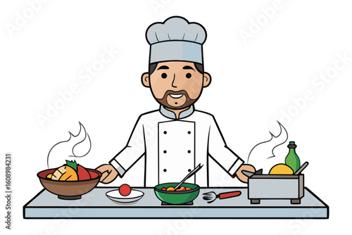 Friendly bearded chef in uniform standing behind a counter with delicious food and cooking utensils ready for preparation