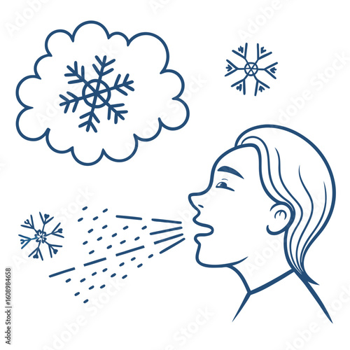 Person exhaling cold air with snowflakes breath exhale