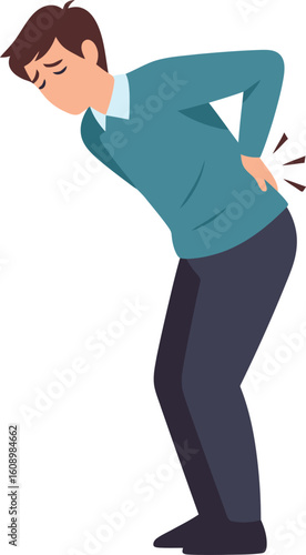 A man experiencing back pain, bending over in discomfort, with radiating pain symbols.