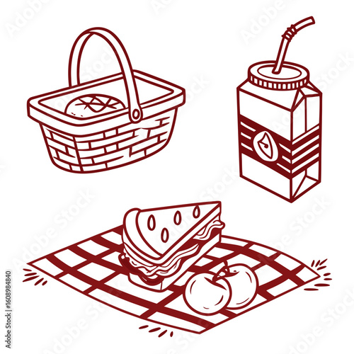 Picnic basket sandwich juice box apples checkered blanket vector