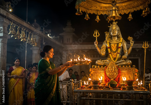 Devoted Woman in Dark Green Georgette Saree Performing Aarti Before Golden Shiva Idol