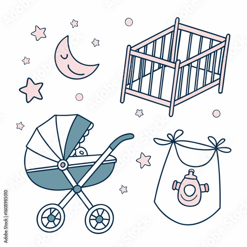 Pink moon stroller crib bib baby bottle stars baby stroller