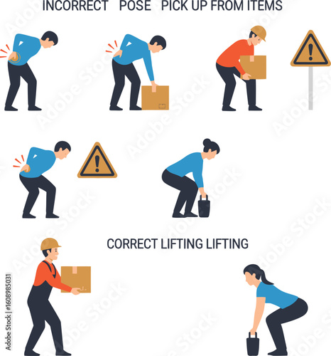 Safe and unsafe lifting techniques illustrated;  proper posture for lifting heavy objects shown.