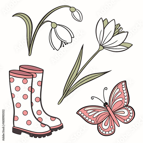 Pink polka dot rain boots snowdrop flower and butterfly spring