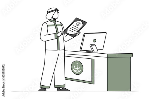 A professional man in traditional middle eastern attire reviews a document at a modern office reception desk with a computer