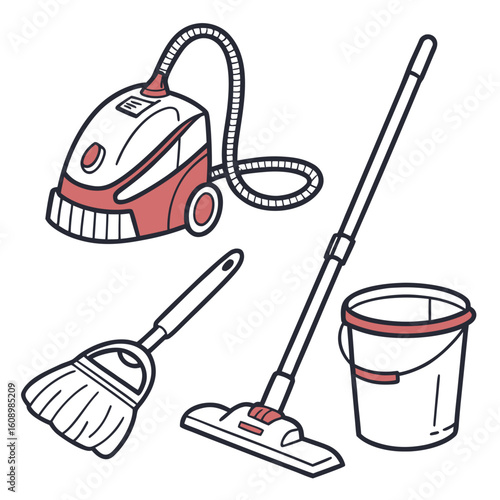 Red and white cleaning tools collection vacuum cleaner broom