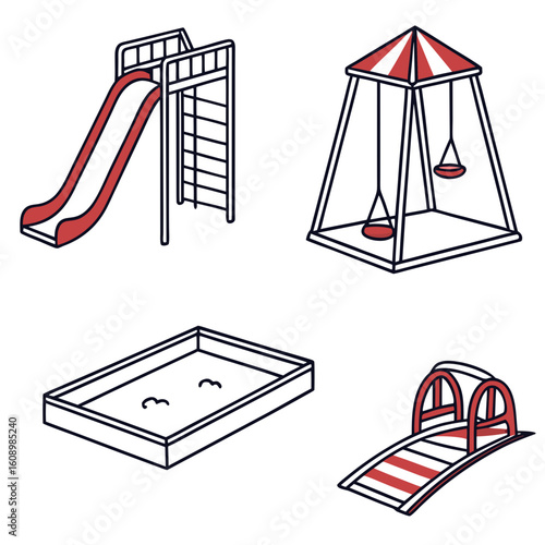 Red and white playground equipment slide swing sandbox bridge vector