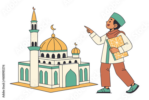Young muslim boy in traditional attire points towards a vibrant mosque holding books symbolizing education and religious devotion