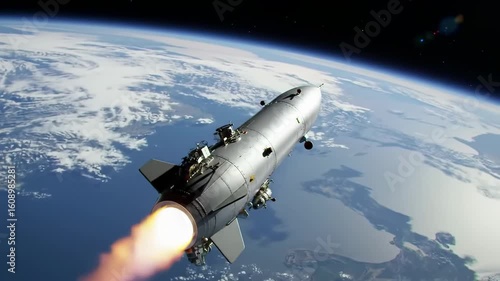 Wallpaper Mural Spacecraft maneuvers above Earth's atmosphere with visible thruster firing, showcasing detailed metallic hull and exterior components. Torontodigital.ca