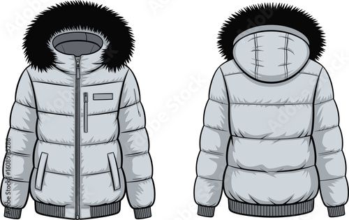 Winter jacket flat sketch, padded coat with hood, technical fashion cad template, front and back view, cad drawing flat vector illustration