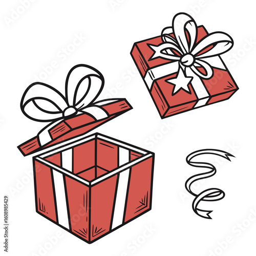 Red gift boxes with white ribbons and stars present christmas