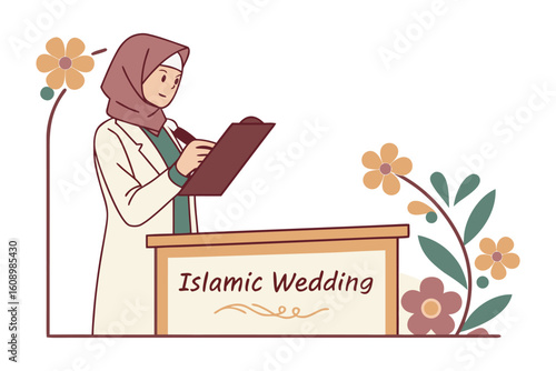 A muslim woman in a hijab stands at a podium conducting an islamic wedding ceremony with floral decorations