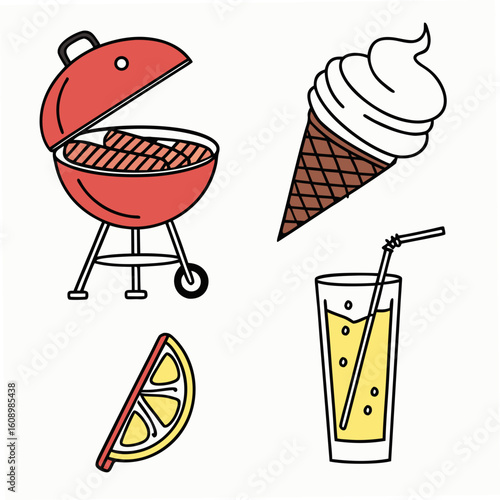 Red grill with sausages ice cream cone lemon slice and drink summer food