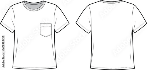 T-shirt flat sketch, pocket t-shirt design, fashion cad template, front and back view, cad drawing flat vector illustration