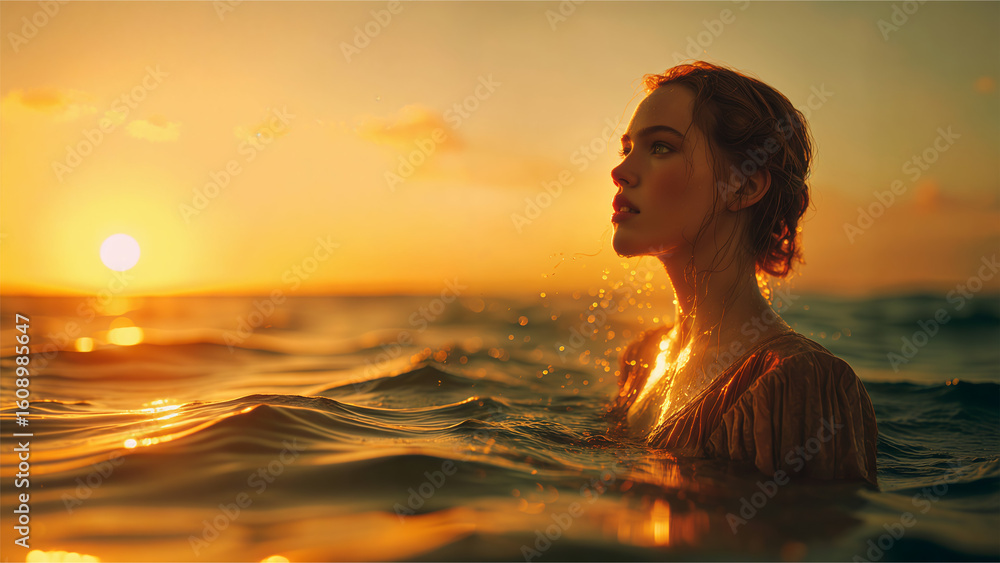 Fototapeta premium A beautiful woman is standing in the water, illuminated by the setting sun. The image evokes a sense of tranquility and peace.