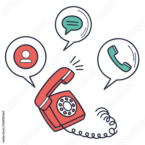 Red rotary phone with communication icons chat