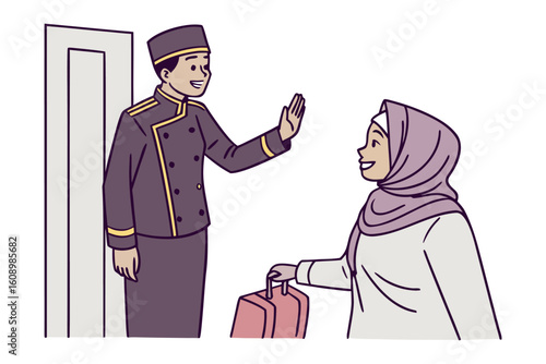 Friendly hotel bellhop greets muslim woman arriving with luggage at the entrance of a building