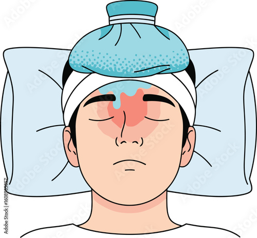 Man resting in bed with ice pack on forehead, showing symptoms of illness.