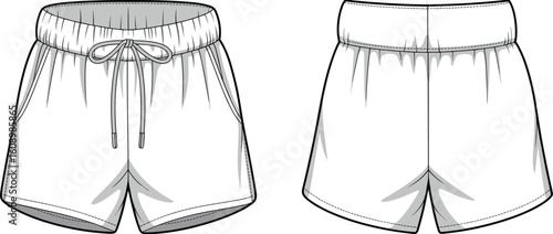 Shorts flat sketch, front and back view, elastic waistband, drawstring detail, technical fashion cad template, cad drawing flat vector illustration