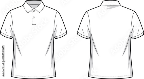 Polo shirt flat sketch, front and back vector, short sleeve fashion template, collar t-shirt design, cad drawing flat vector illustration