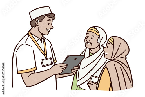 Healthcare professional with tablet discusses medical information with two elderly women wearing traditional headscarves in a warm interaction