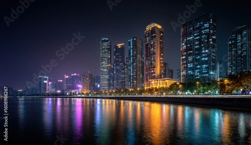 Wallpaper Mural Sparkling city lights reflect in the tranquil river waters creating a mesmerizing urban landscape at night with vibrant colors and serene atmosphere. Torontodigital.ca