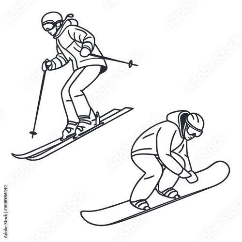 Skier and snowboarder in minimal line art style skiing snowboarding