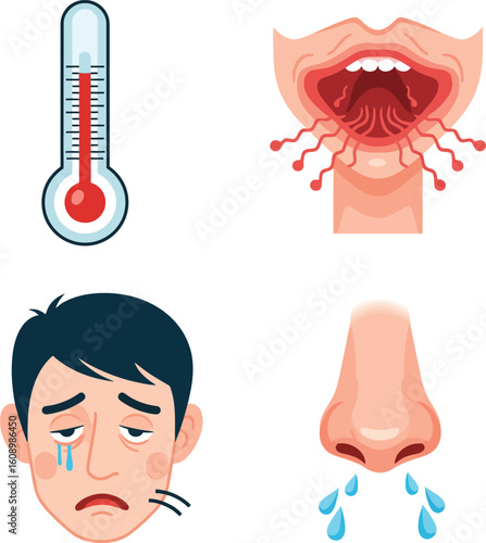 Symptoms of illness: fever, sore throat, runny nose, and fatigue.