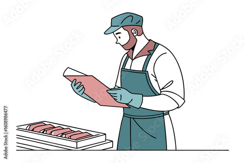 Skilled butcher wearing apron and gloves meticulously inspects raw meat cuts in a professional food preparation environment