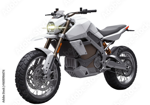 Isolated Futuristic White Electric Motorcycle