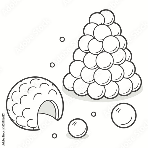 Snowball pile igloo and loose snowballs winter