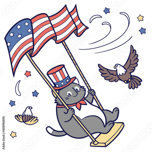 Whimsical British Shorthair cat feeling Mischievous in a Presidents’ Day setting with on a cloud swing – colored in Founding Spirit