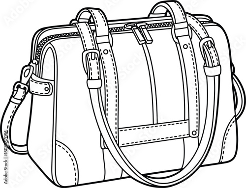 Fashion handbag vector sketch, technical flat drawing, stylish purse design illustration, shoulder bag with strap details, cad drawing flat vector illustration
