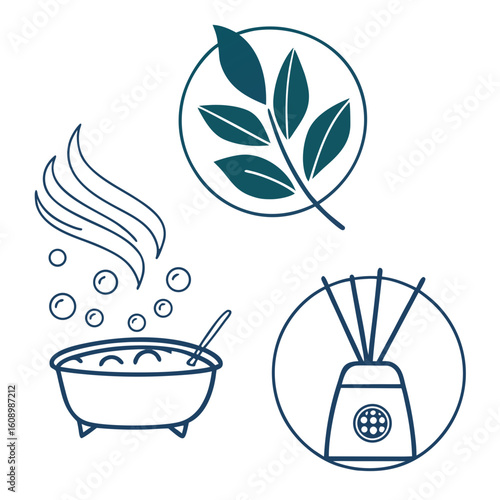 Spa wellness symbols leaf diffuser steam bath vector