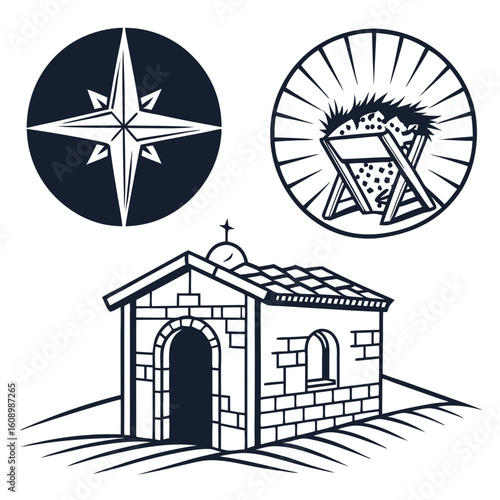 Stable manger star and chapel icons nativity scene star of bethlehem