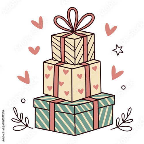 Stack of wrapped gift boxes with hearts and stars presents wrapped gifts