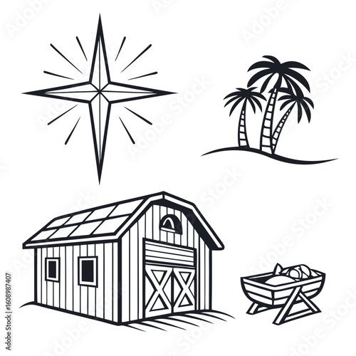 Star barn palm trees manger icons Bethlehem star stable