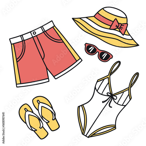 Summer beachwear collection coral shorts yellow hat sunglasses swimsuit flip flops