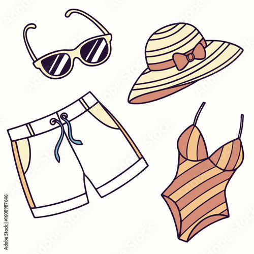 Summer beachwear accessories sunglasses hat swimsuit shorts vector