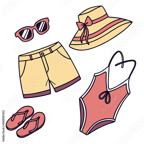 Summer beachwear collection featuring shorts swimsuit hat and sunglasses vacation
