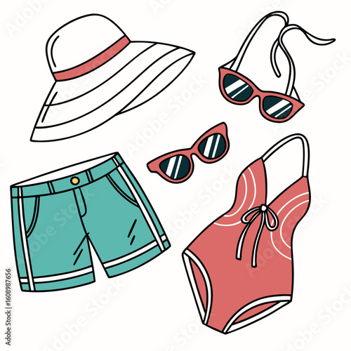 Summer beachwear collection with hat shorts swimsuit and sunglasses clothing fashion