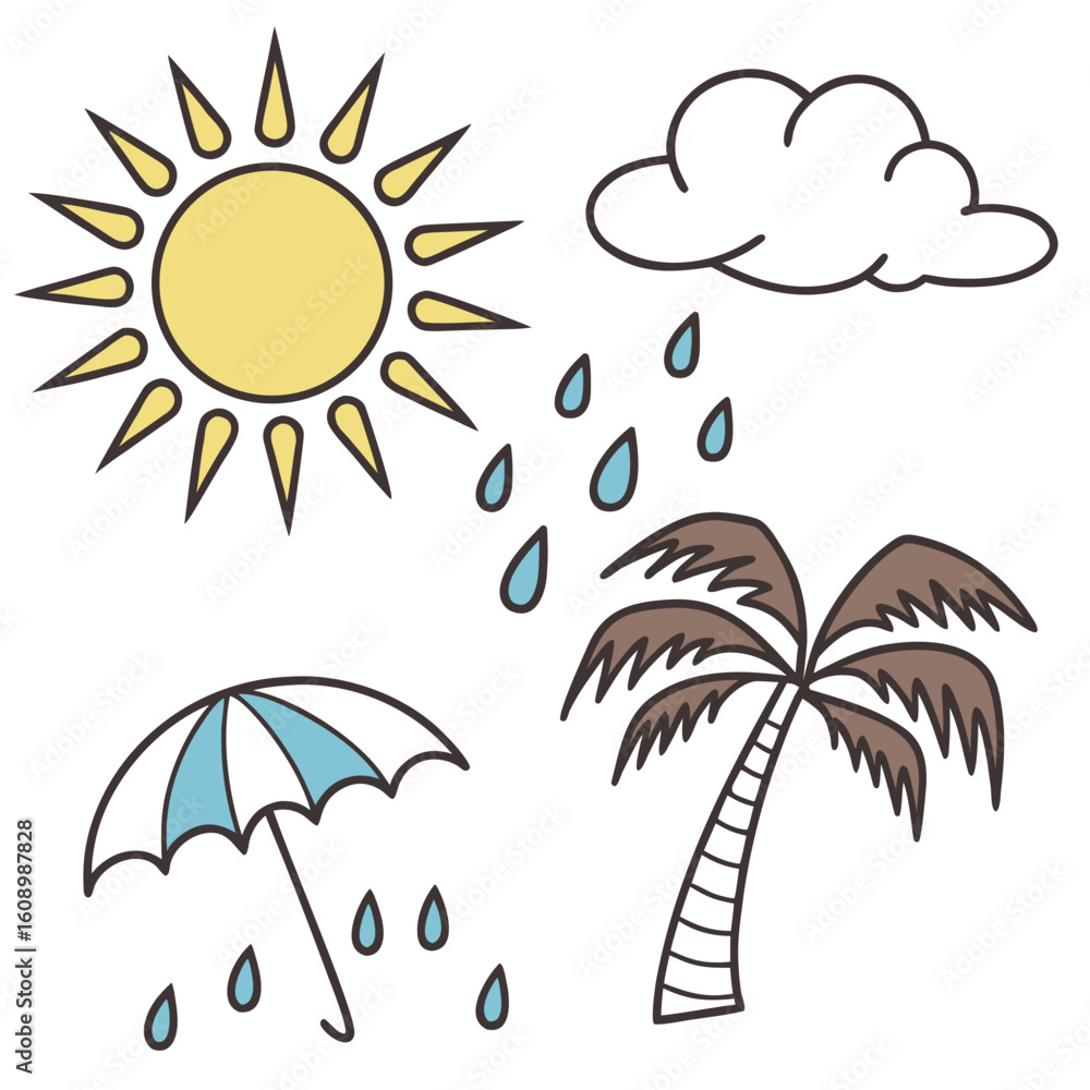 Obraz premium Sunny day with rain and palm tree cloud umbrella
