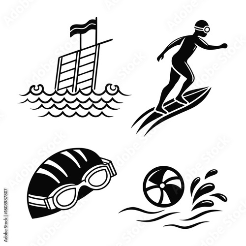 Swimming icons diver goggles ball and lifeguard tower swimming cap