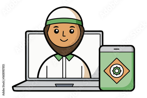 Digital connection and islamic representation a muslim man appears on a laptop screen alongside a smartphone displaying an islamic symbol