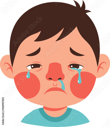 Cartoon illustration of a crying boy with tears streaming down his face, showing sadness and distress.