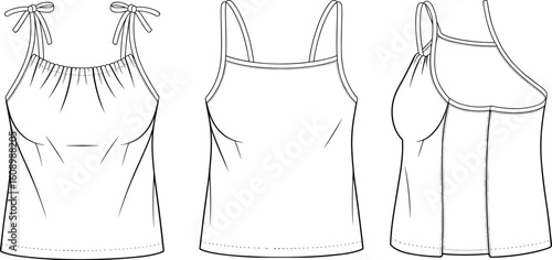 Women's camisole top front side back view, fashion flat sketch, strappy tank design, technical drawing template, summer clothing vector