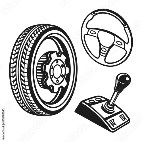 Tire steering wheel gear shift icons car parts automotive