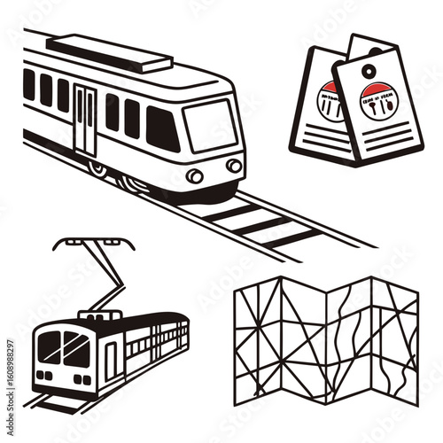 Tram train tickets and map icons public transport