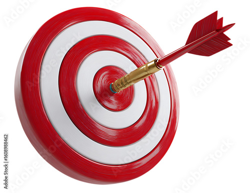 3D icon of a red and white target with an arrow in the center on a black background, in the style with simple shapes, in an isometric view, high resolution, high detail, and high quality